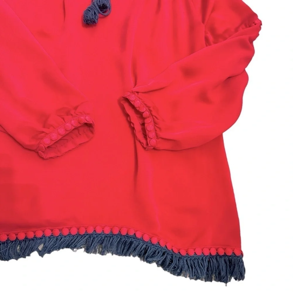 Tory Burch Sylvie blouse Boho /Peasant/Tie Blouse Top‎ RED Fringe Tassel Sz 10